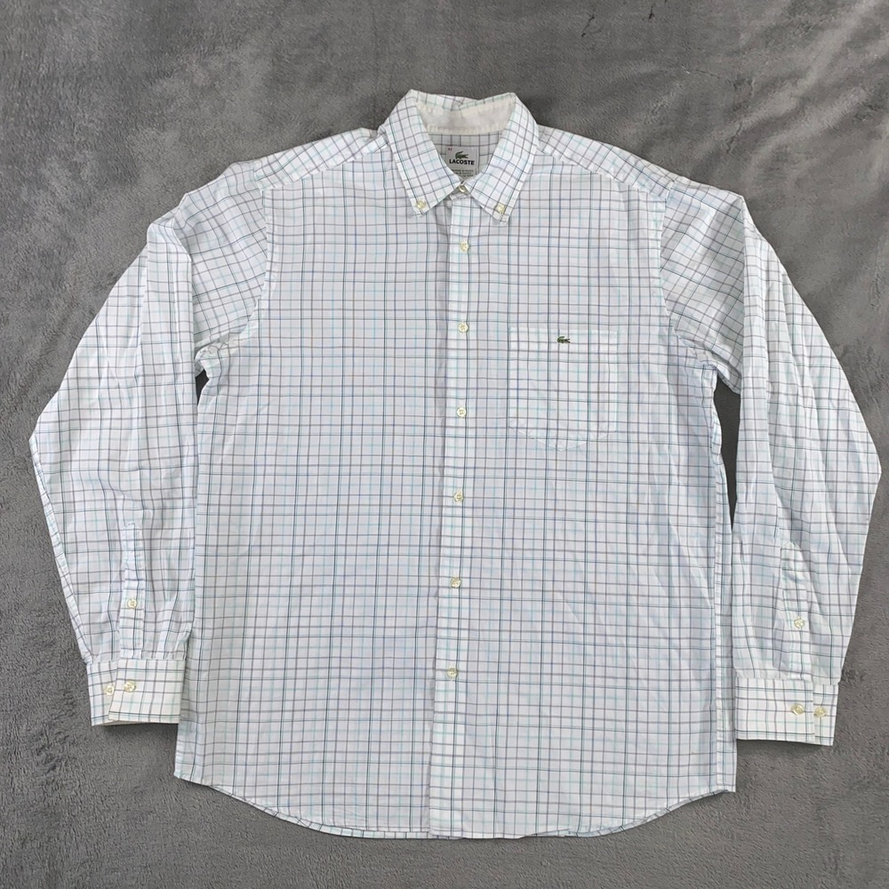 Lacoste Button Down Shirt Mens 42 White Blue Green Windowpane Check Long Sleeve